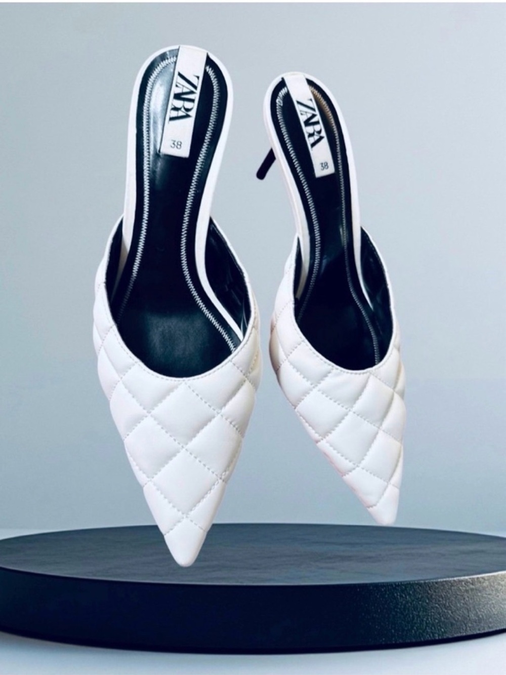 Zara White Quilted Pointed-Toe Slip-On Mules Size 38
